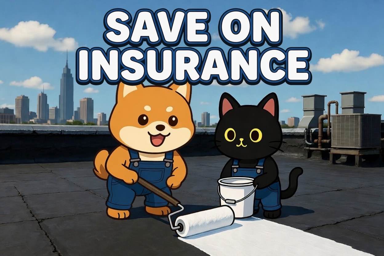 Cartoon of a roofer applying white silicone coating to a flat city roof under the words Save on Insurance