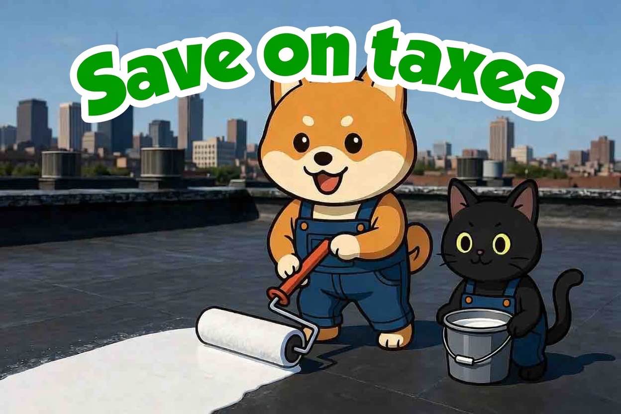 Cartoon of a roofer rolling white silicone coating onto a flat roof under the words Save on Taxes