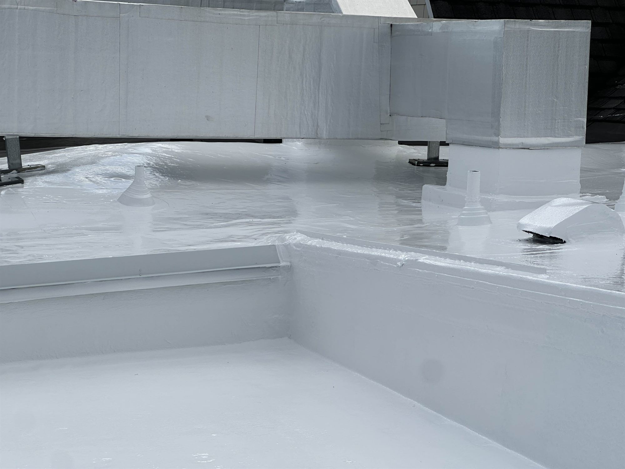 Clean coated parapet wall and curb detail on a finished silicone roof