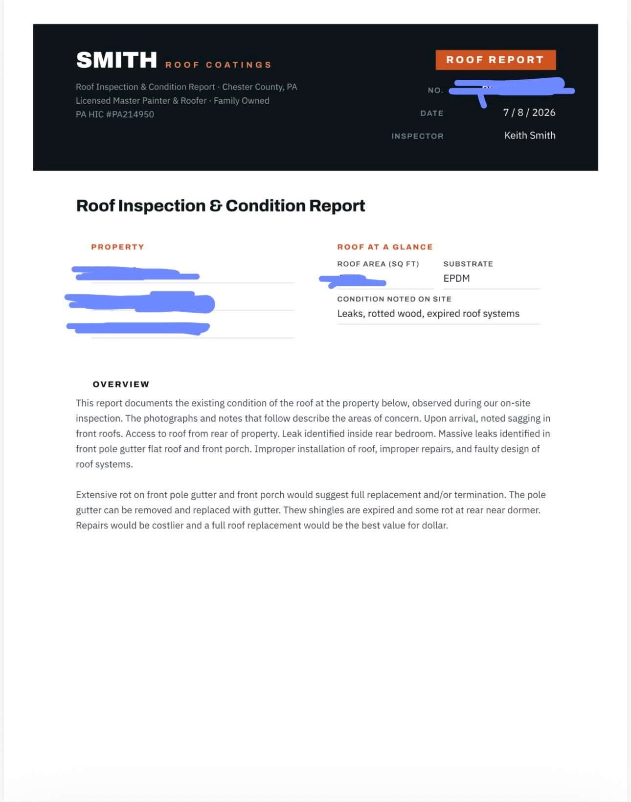 Roof inspection report cover page with property overview and roof condition summary