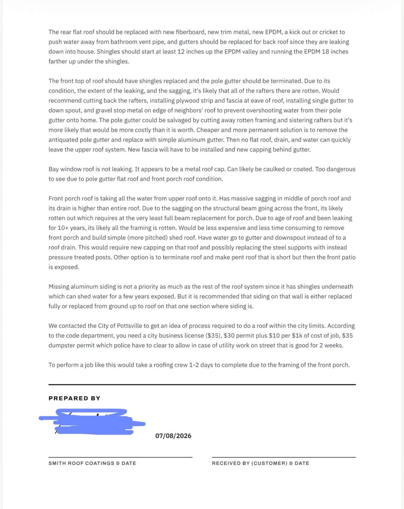Roof inspection report detailed written findings and scope of work