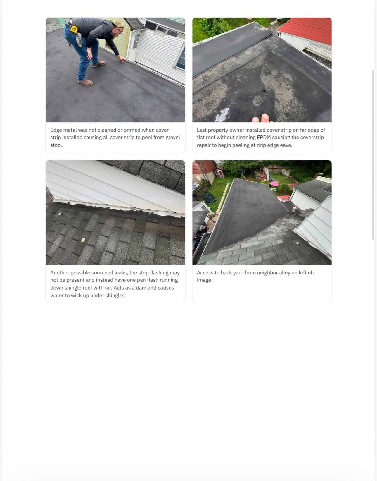 Roof inspection report photo documentation page with captioned findings
