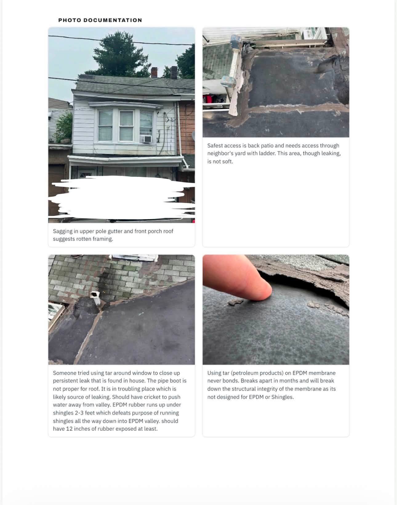 Roof inspection report photo page documenting leak sources and flashing issues