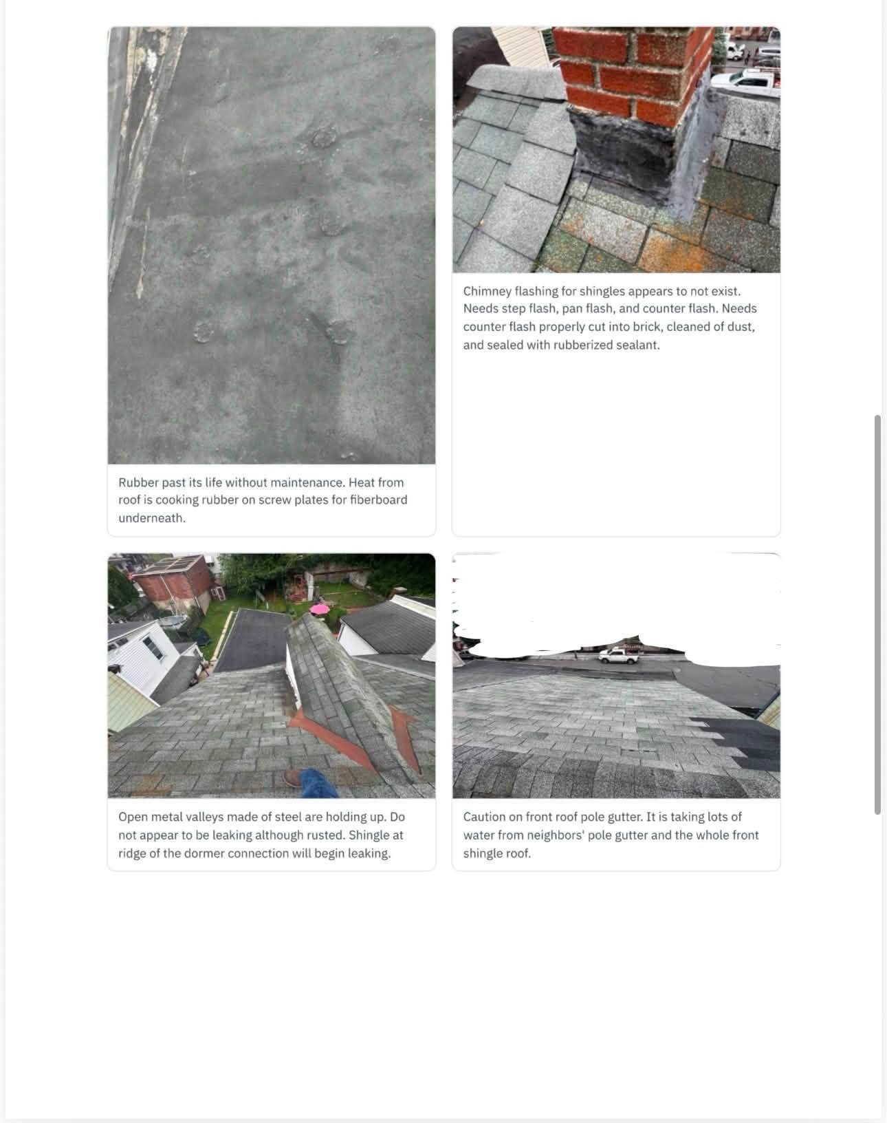 Roof inspection report photo page documenting membrane and chimney flashing condition