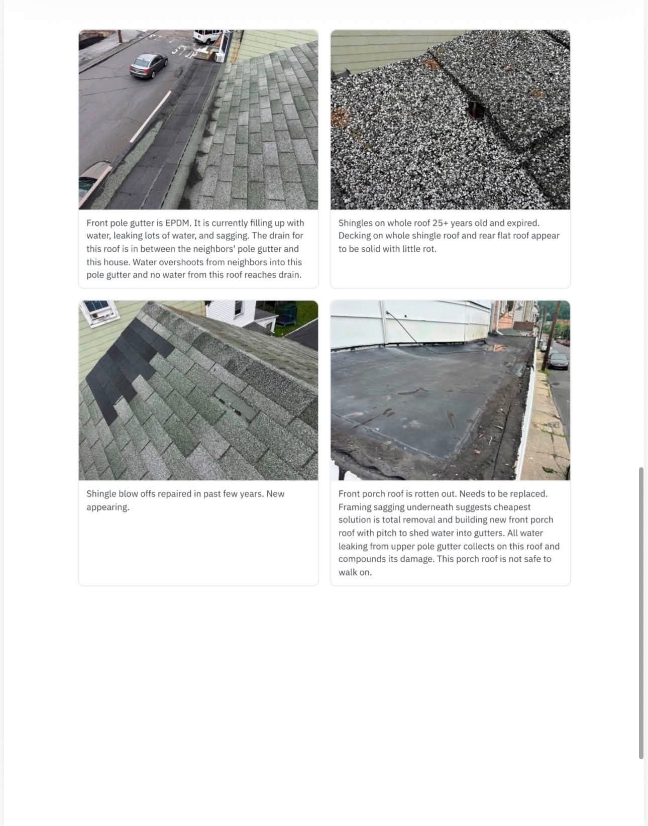 Roof inspection report photo page documenting gutter, shingle, and porch roof condition