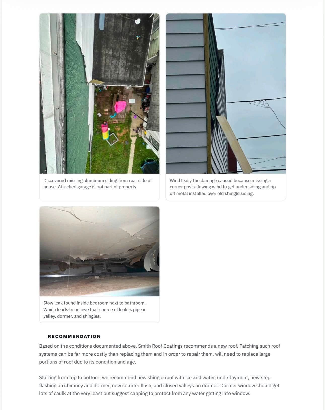 Roof inspection report recommendation section with photos and next steps